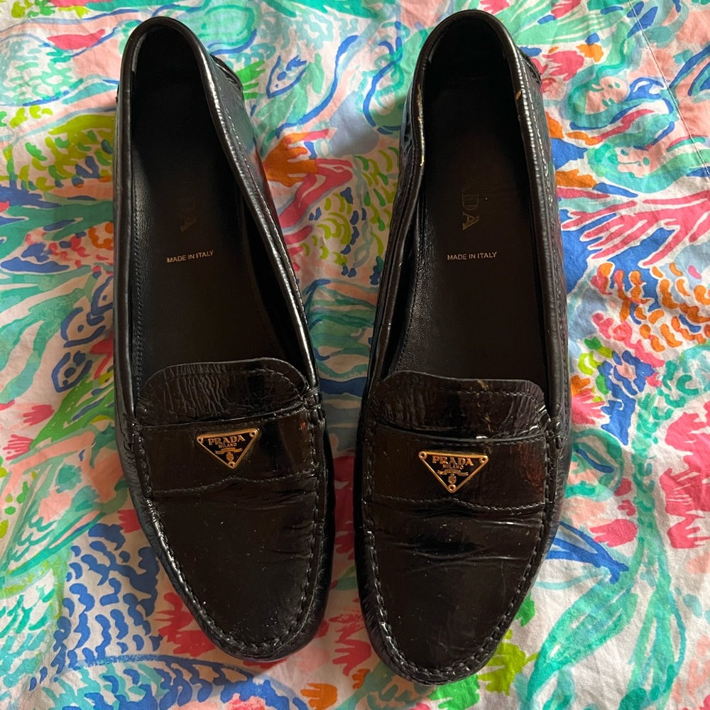 Authentic Prada Black Patent Leather Logo Slip On Loafers/Moccasins